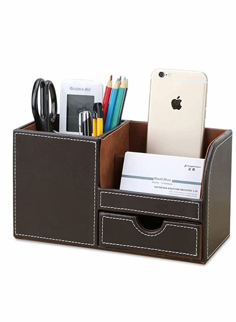 KASTWAVE Leather Desk Organizer Pen Pencil Holder, Stationery Storage Box, Multi-Function Office Desk Organizer, with Small Drawer for Pen, Phone, Pencil, Remote Control (Brown) - Image 1