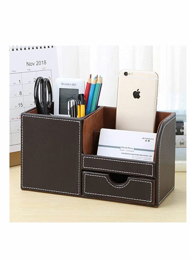KASTWAVE Leather Desk Organizer Pen Pencil Holder, Stationery Storage Box, Multi-Function Office Desk Organizer, with Small Drawer for Pen, Phone, Pencil, Remote Control (Brown) - Image 2