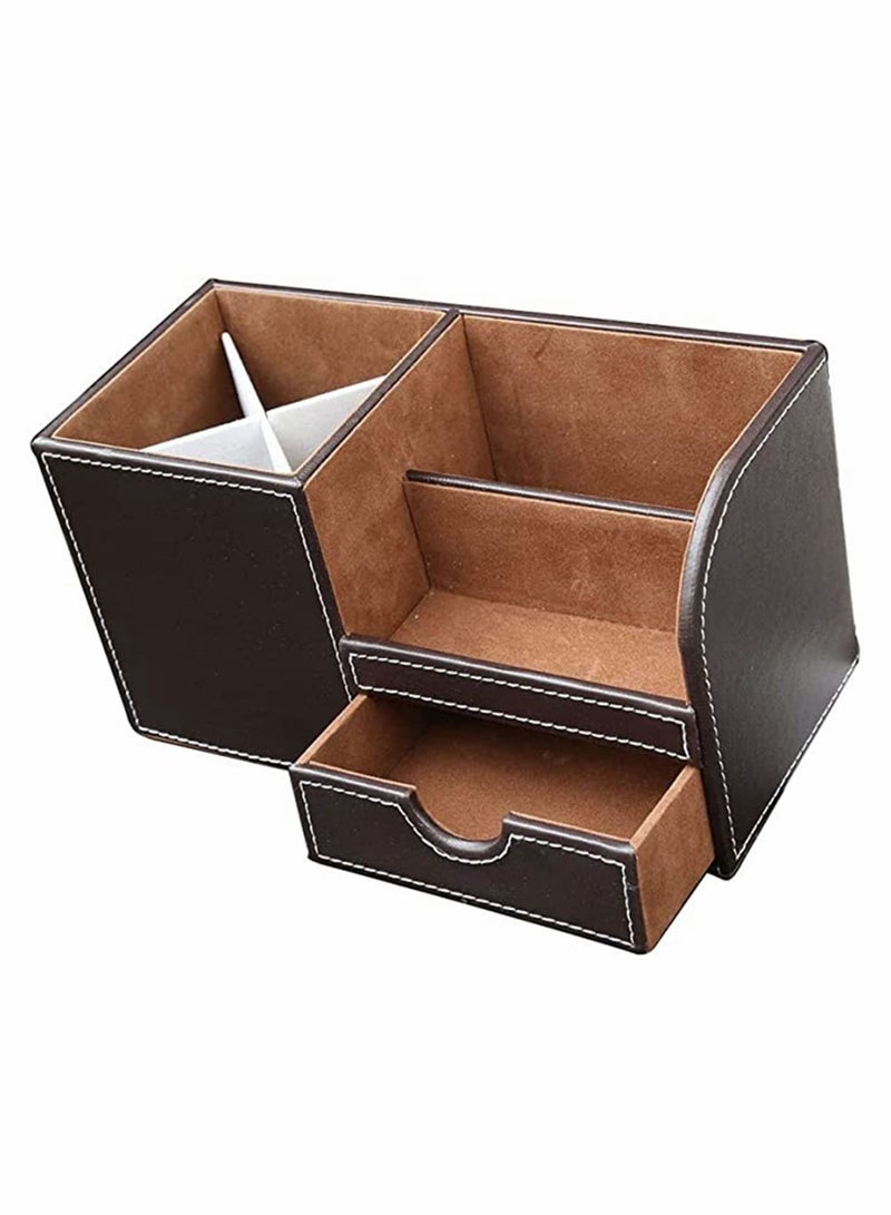 KASTWAVE Leather Desk Organizer Pen Pencil Holder, Stationery Storage Box, Multi-Function Office Desk Organizer, with Small Drawer for Pen, Phone, Pencil, Remote Control (Brown) - Image 5