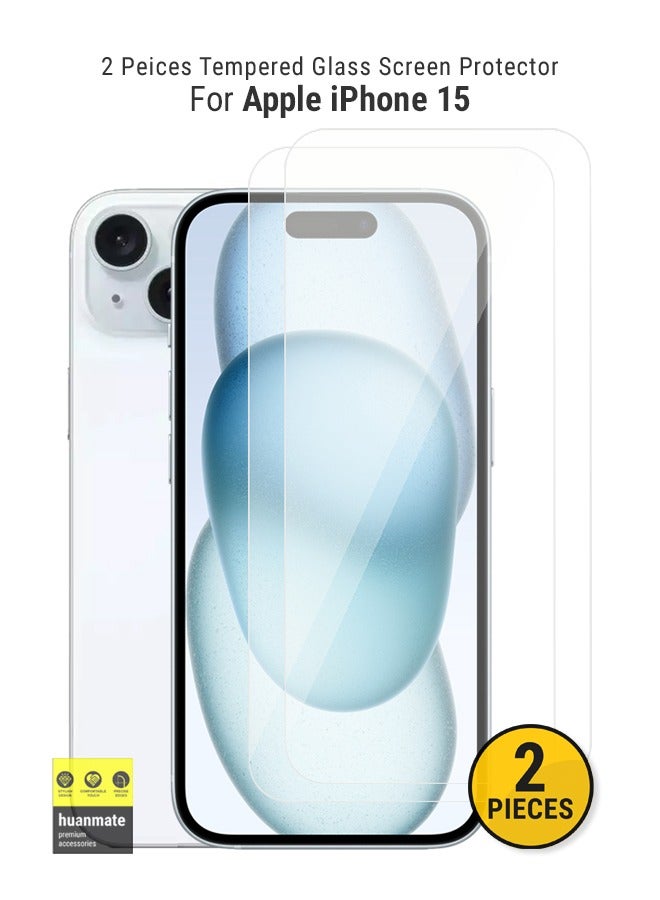 huanmate قطعتان من واقي الشاشة الزجاجي المقوى لهاتف Apple iPhone 15 شفاف - Image 1
