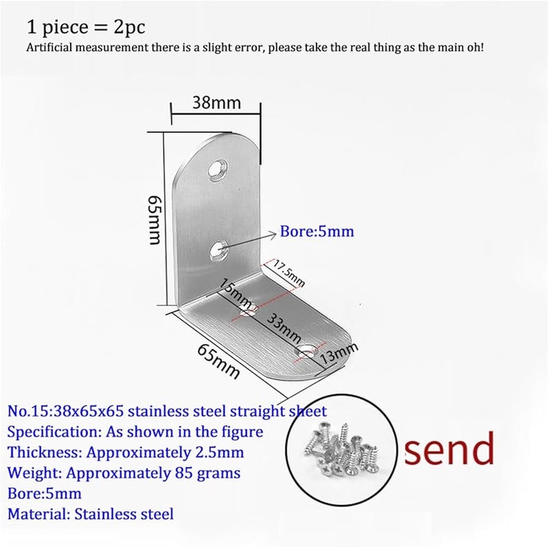 Stainless Steel L Shaped 90 Degree Angle Corner Brackets Fasteners Protector No 15 38x65 - Image 3