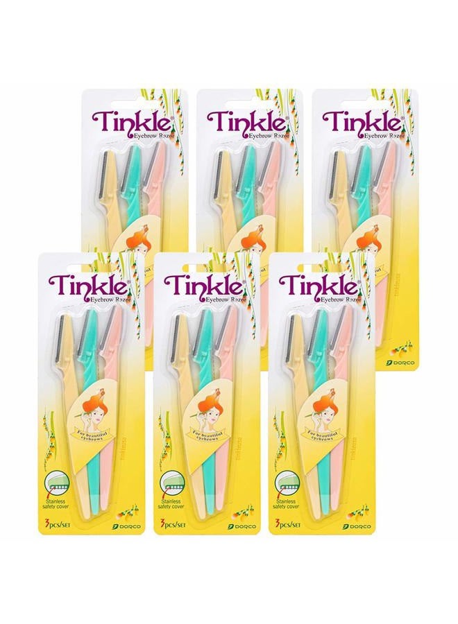 Dorco Tinkle Eyebrow Razors | 18 Razors. (6 Packs of 3) | Eyebrow Trimmer & Dermaplaning Tool | Safe & Easy Facial Hair Removal | Stainless Steel Safety Cover | Ideal for Korean Skincare, Easter Gift - Image 1
