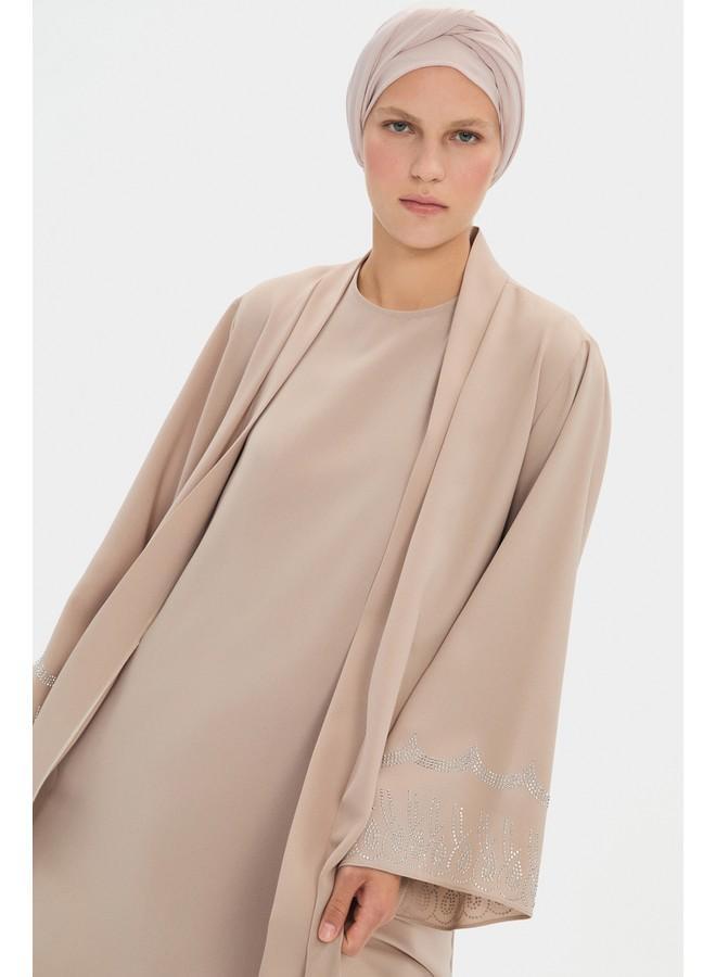 جون عباية نسائية مطرزة بحجر مع حزام خصر بتفاصيل حجرية - Image 3