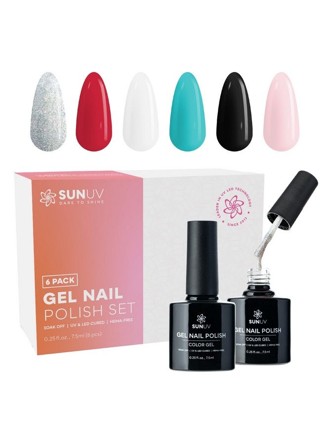 SUNUV Hema Free Gel Nail Polish Kit, 6 Colors Gel Polish Set White Black Red Pink Silver Glitter UV Nail Lamp Gel Nail Art Salon DIY Home Gift - Image 1