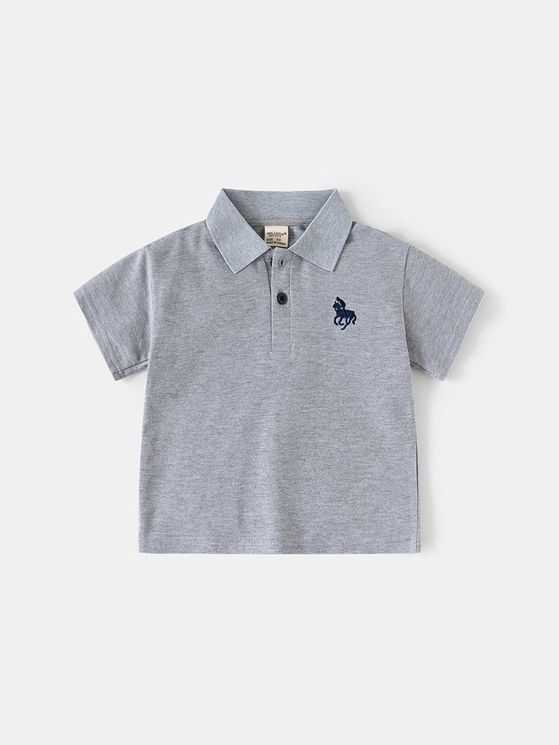 Korean Style Children'S Clothing 2026 Summer Boys' Polo Shirt Children'S Short-Sleeve T-Shirt Fashionable Solid Color Sleeve Patch Turn-Down Collar Top Trendy - Image 3