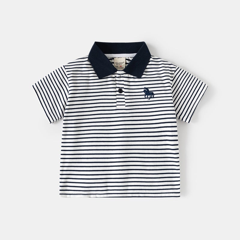 Korean Style Children'S Clothing 2026 Summer Boys' Polo Shirt Children'S Short-Sleeve T-Shirt Fashionable Solid Color Sleeve Patch Turn-Down Collar Top Trendy - Image 1