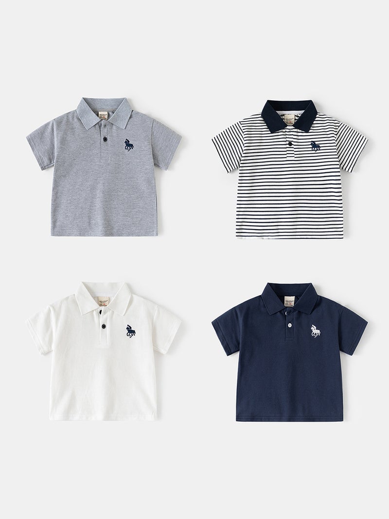 Korean Style Children'S Clothing 2026 Summer Boys' Polo Shirt Children'S Short-Sleeve T-Shirt Fashionable Solid Color Sleeve Patch Turn-Down Collar Top Trendy - Image 2