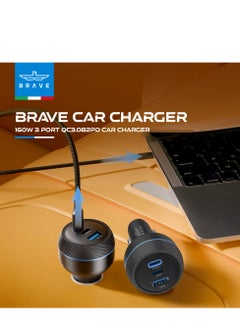 Brave 160W Super Fast Car Charger with 3 USB Ports - QC3.0, PD3.1, and PPS Compatible Car Power Adapter, Includes 100W USB-C Cable - Ideal for iPhone 16/15/14/13 Series, Samsung S24/S23/S22 Series, Steam Deck, MacBook Pro/Air, iPad Pro/Air, Huawei, and More  - Image 2