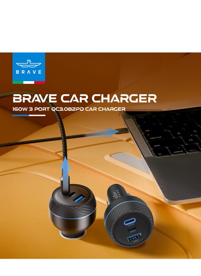 Brave - 160W Super Fast Car Charger with 3 USB Ports - QC3.0, PD3.1, and PPS Compatible Car Power Adapter, Includes 100W USB-C Cable - Ideal for iPhone 16/15/14/13 Series, Samsung S24/S23/S22 Series, Steam Deck, MacBook Pro/Air, iPad Pro/Air, Huawei, and More - Image 1