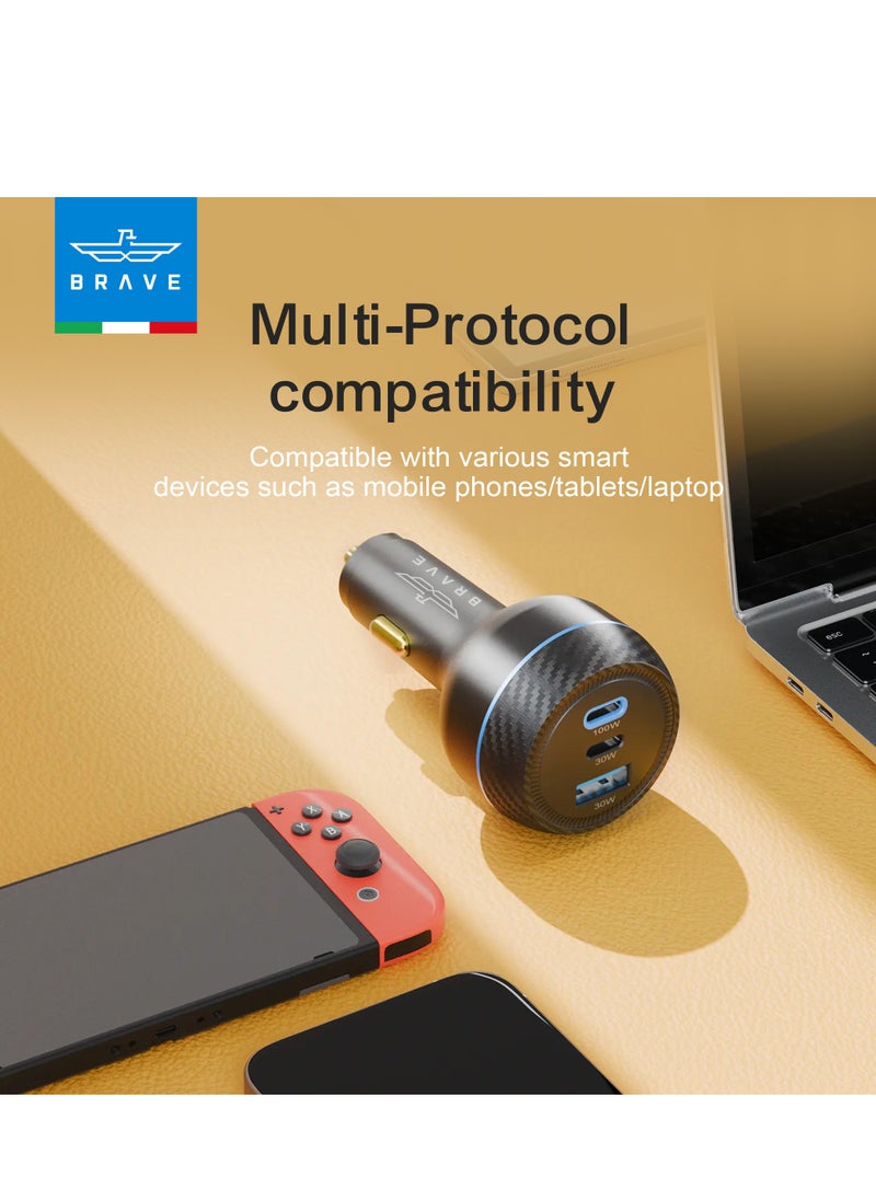 Brave - 160W Super Fast Car Charger with 3 USB Ports - QC3.0, PD3.1, and PPS Compatible Car Power Adapter, Includes 100W USB-C Cable - Ideal for iPhone 16/15/14/13 Series, Samsung S24/S23/S22 Series, Steam Deck, MacBook Pro/Air, iPad Pro/Air, Huawei, and More - Image 1
