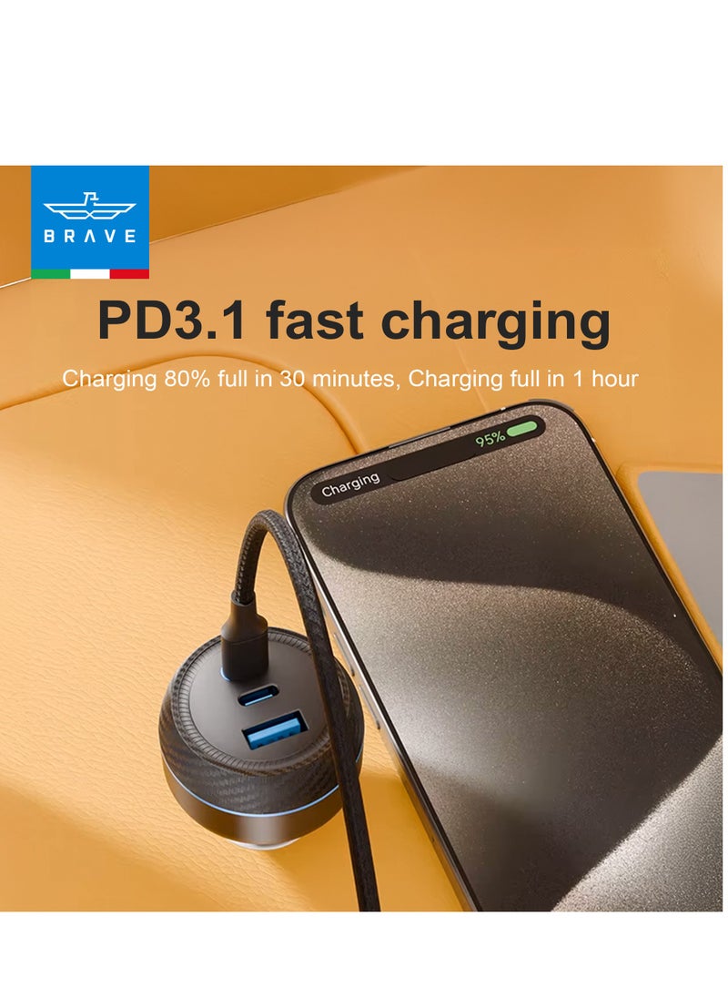 Brave - 160W Super Fast Car Charger with 3 USB Ports - QC3.0, PD3.1, and PPS Compatible Car Power Adapter, Includes 100W USB-C Cable - Ideal for iPhone 16/15/14/13 Series, Samsung S24/S23/S22 Series, Steam Deck, MacBook Pro/Air, iPad Pro/Air, Huawei, and More - Image 1