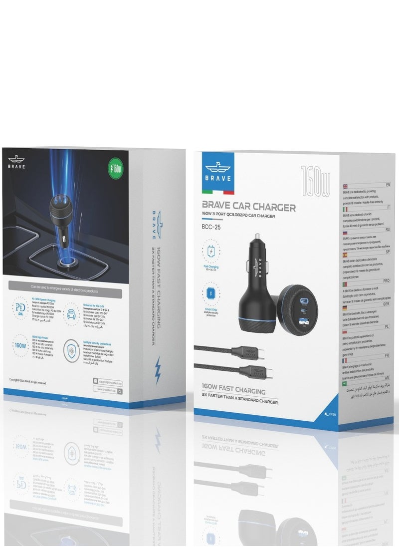 Brave - 160W Super Fast Car Charger with 3 USB Ports - QC3.0, PD3.1, and PPS Compatible Car Power Adapter, Includes 100W USB-C Cable - Ideal for iPhone 16/15/14/13 Series, Samsung S24/S23/S22 Series, Steam Deck, MacBook Pro/Air, iPad Pro/Air, Huawei, and More - Image 1