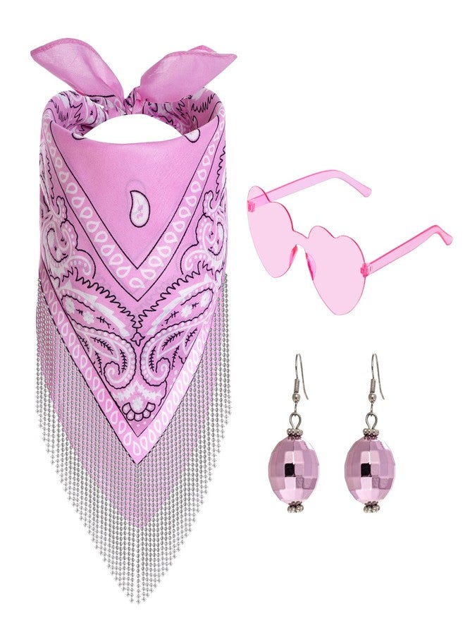 mifengda Rhinestone Fringe Bandanas Women Cowgirl Fringed Bachelorette Bandanas with Pink Heart Sunglasses and Disco Earring for Women Girls Disco Bachelorette Party Western Party - Image 1