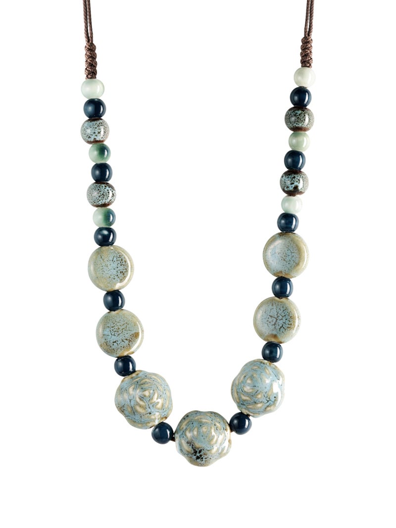 MINACHI Boho Hippie Blue Round Ceramic Beads Strand Necklace, Vintage Bohemian Summer Beach Jewelry Gift for Women - Image 1