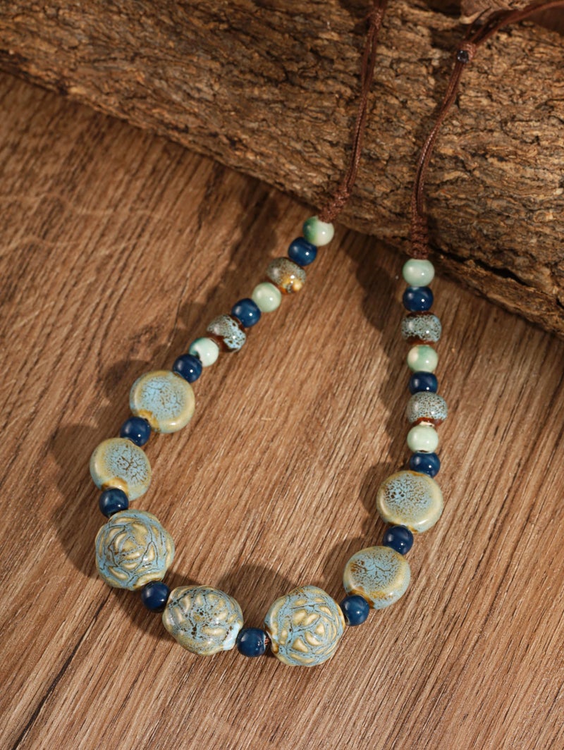 MINACHI Boho Hippie Blue Round Ceramic Beads Strand Necklace, Vintage Bohemian Summer Beach Jewelry Gift for Women - Image 3