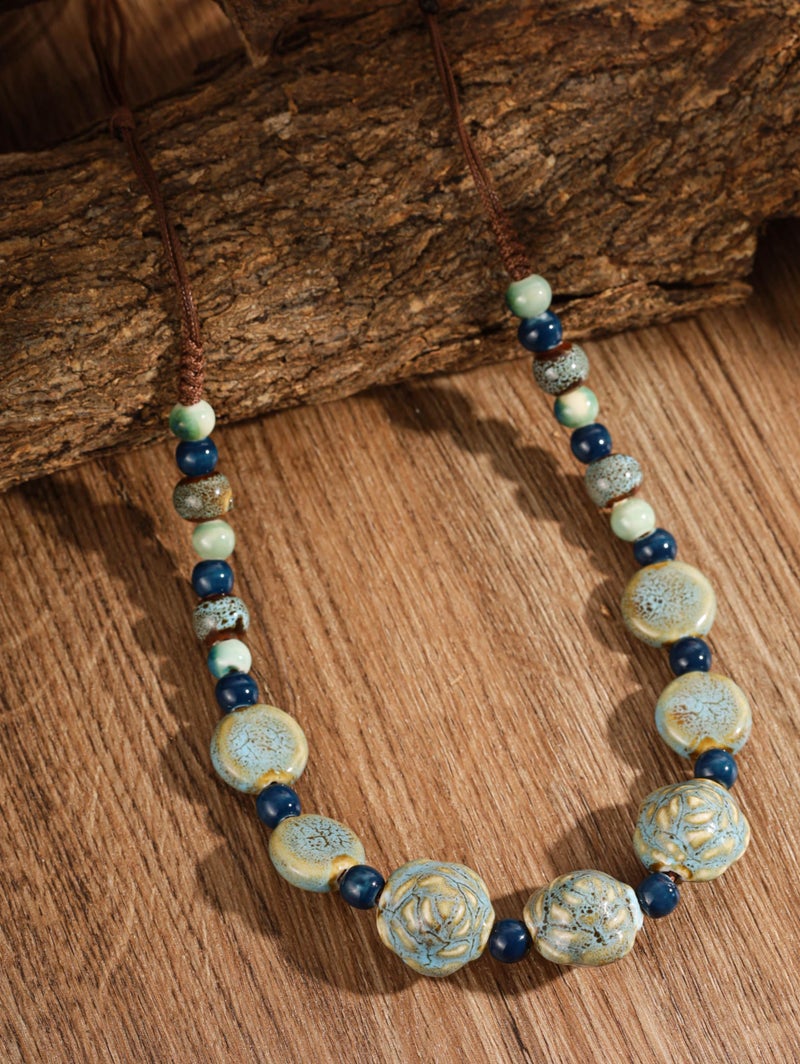 MINACHI Boho Hippie Blue Round Ceramic Beads Strand Necklace, Vintage Bohemian Summer Beach Jewelry Gift for Women - Image 2