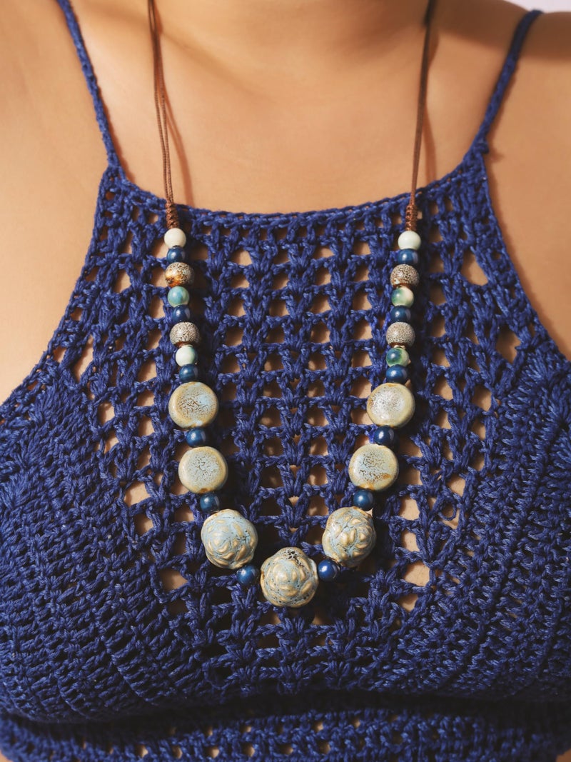 MINACHI Boho Hippie Blue Round Ceramic Beads Strand Necklace, Vintage Bohemian Summer Beach Jewelry Gift for Women - Image 5