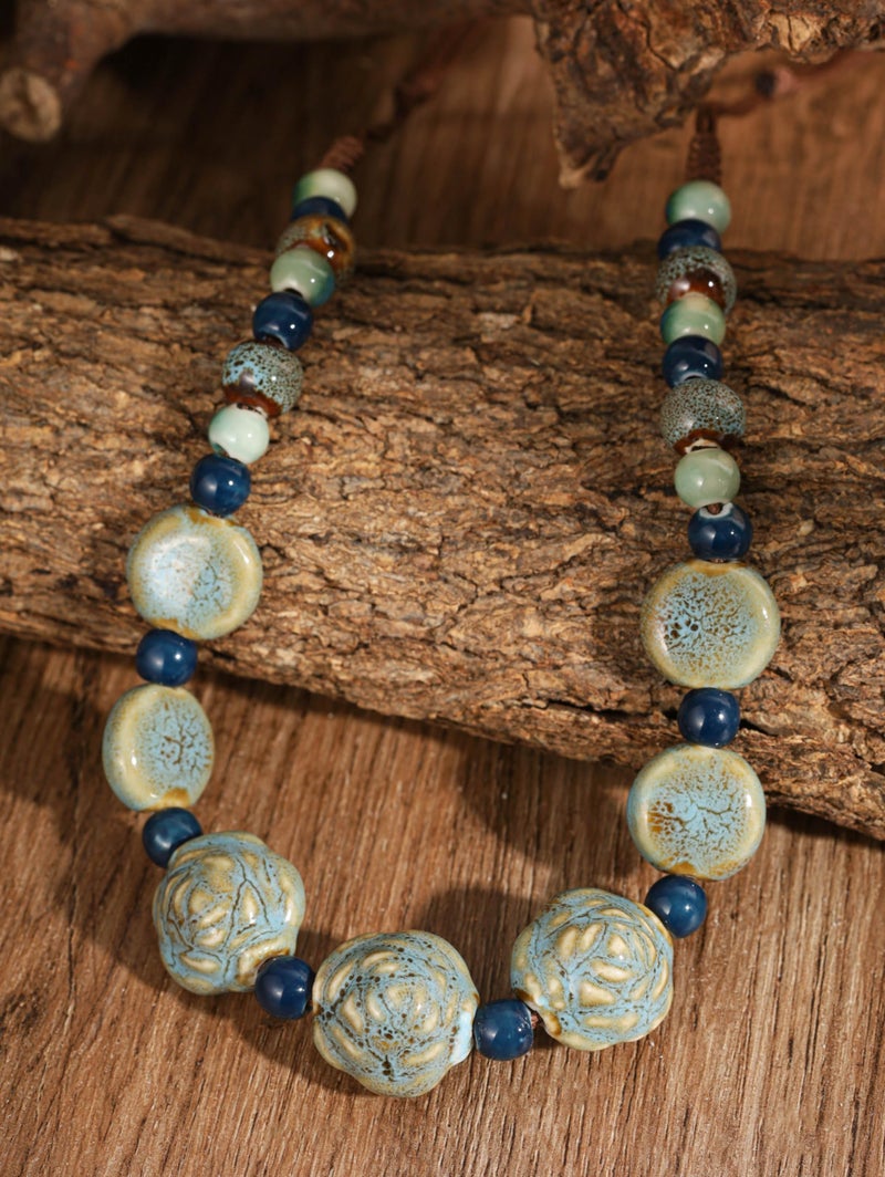 MINACHI Boho Hippie Blue Round Ceramic Beads Strand Necklace, Vintage Bohemian Summer Beach Jewelry Gift for Women - Image 4