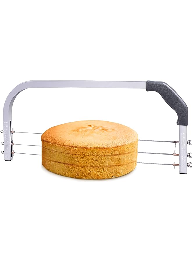 Raxoom مستوى الكعكة القابل للتعديل قاطع طبقات محترف 3 شفرات من الفولاذ المقاوم للصدأ مع منشار قطع و 2 قطعة من مكاشط البلاستيك لأدوات الخبز، بعرض 18 بوصة، رمادي - Image 1