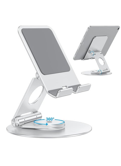 حامل تابلت دوار، حامل تابلت قابل للطي Adjustable مع قاعدة دوارة 360 درجة، للرسم، متوافق مع آيباد برو/اير/ميني وأكثر، فضي
