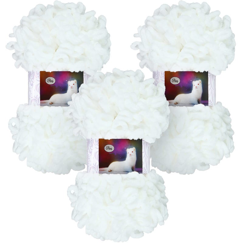 3 Rolls Finger Blanket Yarns Puffy Loop Yarn Soft Crochet Fluffy Finger Knitting Chunky Hand Woven Fluffy for DIY Knitting CraftsWhite
