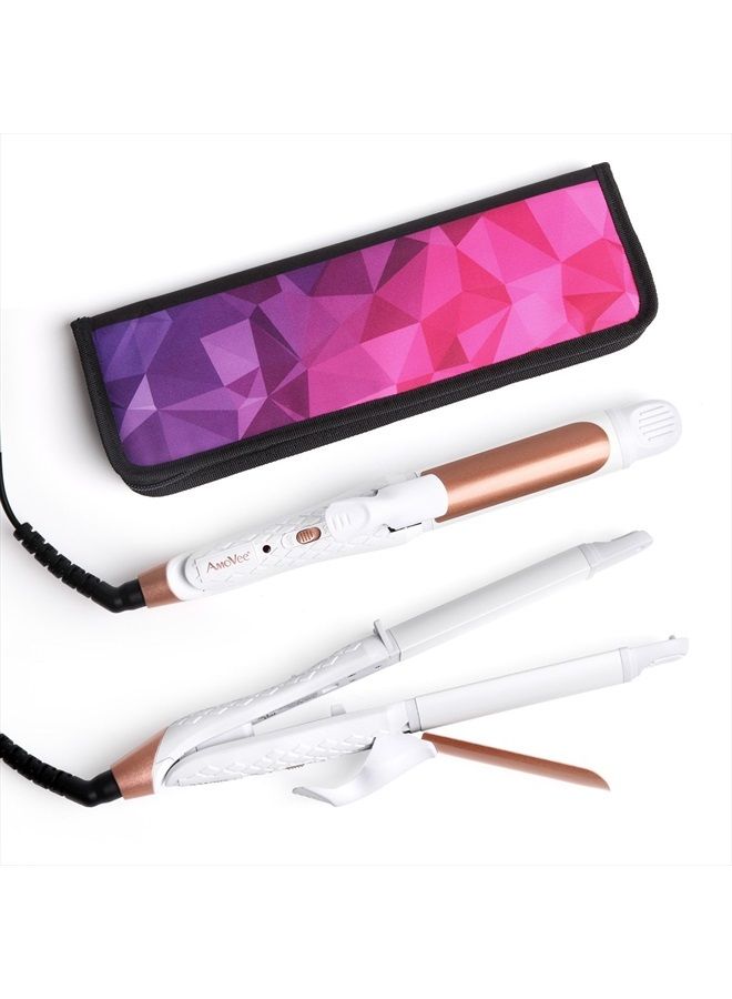 amovee Travel Curling Iron, 2 in 1 Mini Flat Iron Travel Hair Straightener, Dual Voltage, 1 inch, Carry Bag Included, A Valentines Day Gifts for Her (White) - Image 1