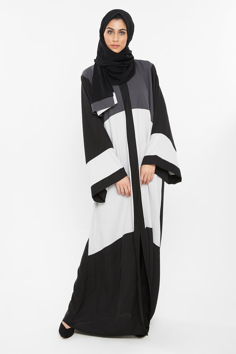 NUKHBAA A casual duo-colored abaya in grey and pale grey with cross cut detail -AJ143A - Image 2