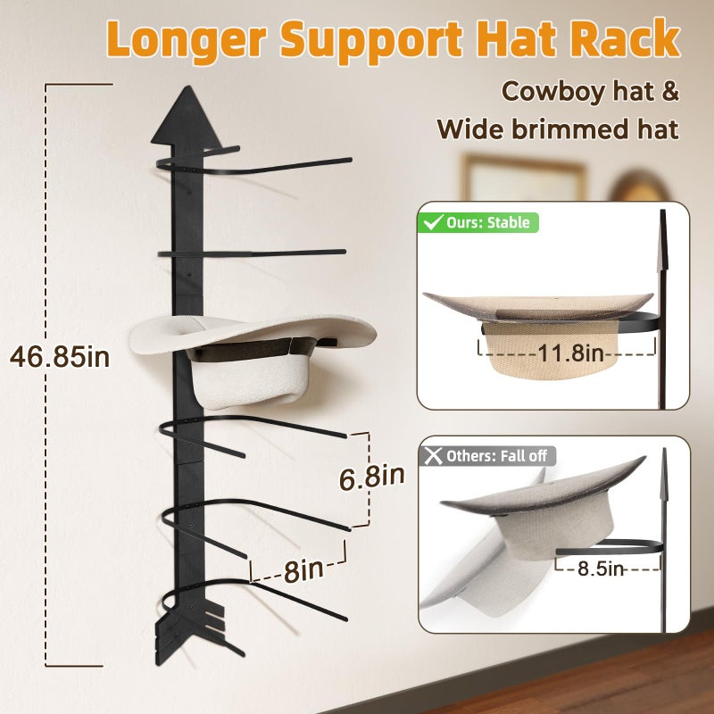 HYDERMUS Cowboy Hat Holder for Wall, Cowboy Hat Rack Arrow Wood for 10 Baseball Caps and 5 Cowboy Hats, Western Wall Decor for Bedroom, Hat Organizer Hanger Storage for Entryway Closet Living Room, Black - Image 5