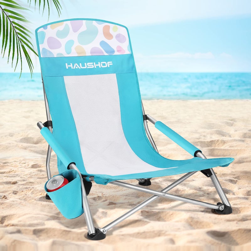 HAUSHOF High Back Beach Chair Mesh Back Folding Chair Lightweight Low Seat Camping Chairs with Cup Holder Carry Bag Padded Armrest for Outdoor Beach Lawn Camping Picnic Festival