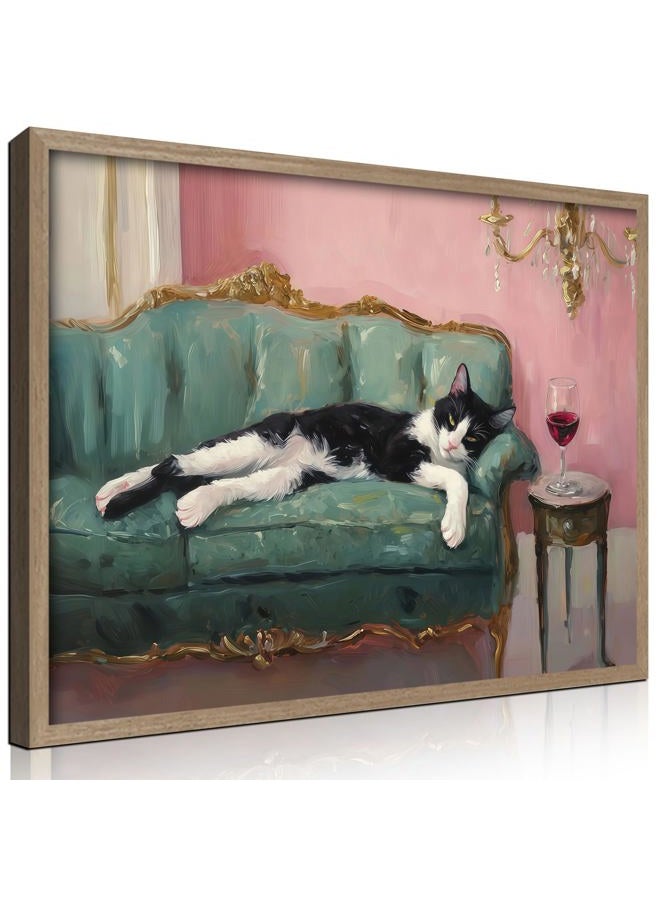 NCYEL Wooden Framed Black And White Cat Wall Art Modern Style Canvas Print Lazy Persian Cat Poster Picture Decoration Painting Gallery Style Artwork Suitable For Living Room Bedroom Decoration 12x16 Inch - Image 1