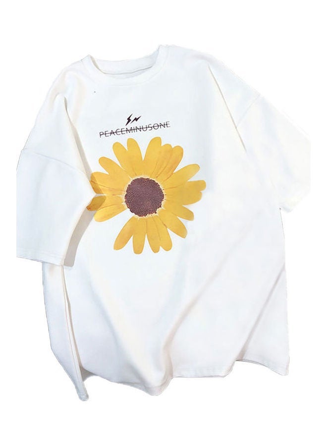NIBEMINENT Daisy Pattern Round Collar Short-sleeved Tops White  - Image 1
