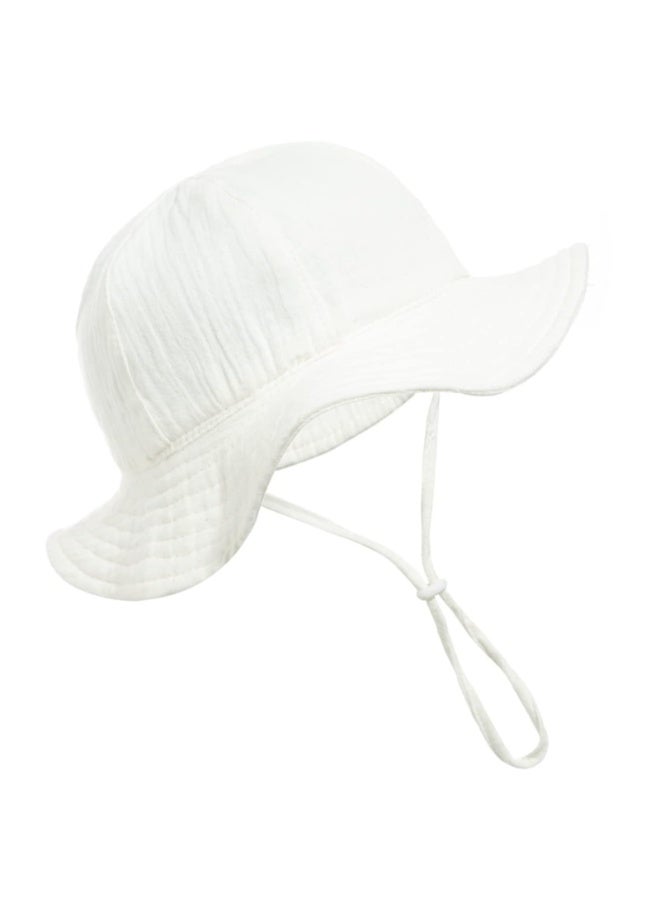 Baby Sun Hat, White Cotton Bucket Hat with Adjustable Chin Strap, Wide Brim UV Protection for Toddler Girls - Image 1