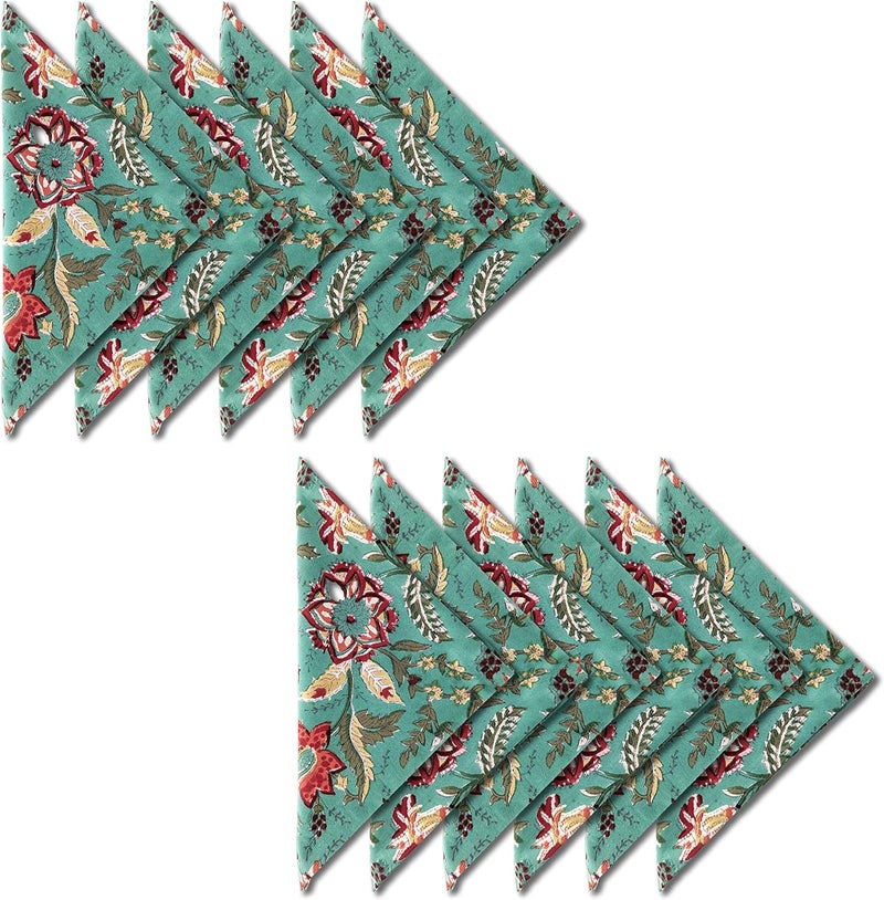 AVKA Studio Cotton Print Dinner Napkins 18x18 inches  Washable Cloth Napkins Set of 12  Everyday Use or Dinner Party and Events  Teal Green Indian Block Printed Soft Fabric - Image 1