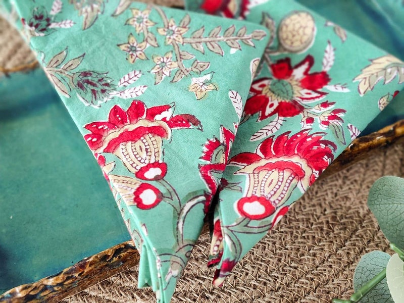 AVKA Studio Cotton Print Dinner Napkins 18x18 inches  Washable Cloth Napkins Set of 12  Everyday Use or Dinner Party and Events  Teal Green Indian Block Printed Soft Fabric - Image 4
