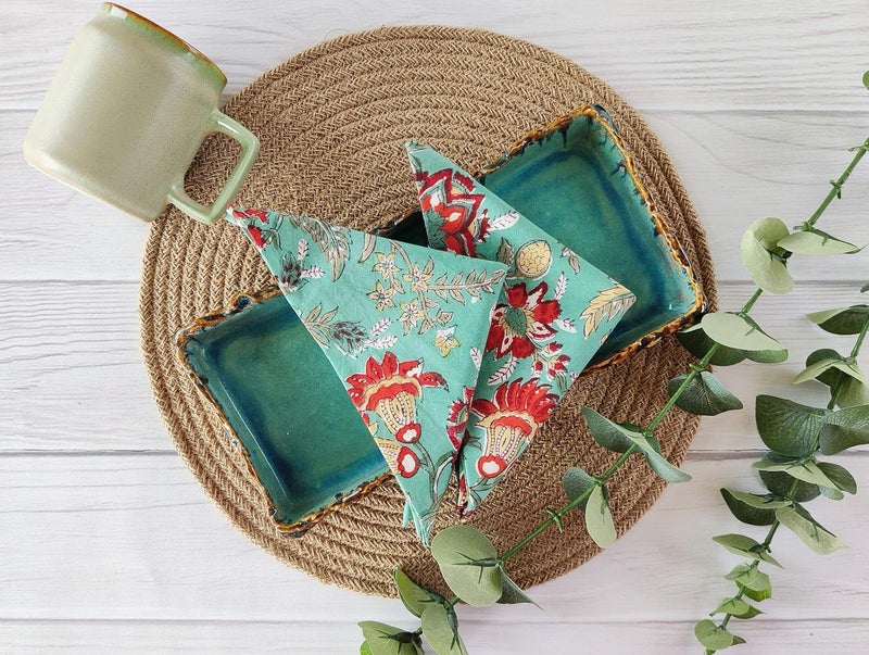 AVKA Studio Cotton Print Dinner Napkins 18x18 inches  Washable Cloth Napkins Set of 12  Everyday Use or Dinner Party and Events  Teal Green Indian Block Printed Soft Fabric - Image 2