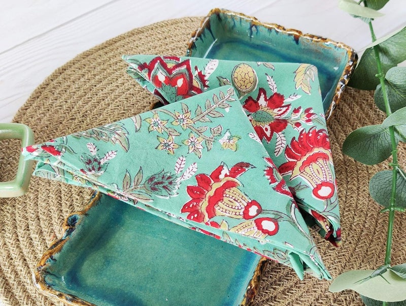 AVKA Studio Cotton Print Dinner Napkins 18x18 inches  Washable Cloth Napkins Set of 12  Everyday Use or Dinner Party and Events  Teal Green Indian Block Printed Soft Fabric - Image 3