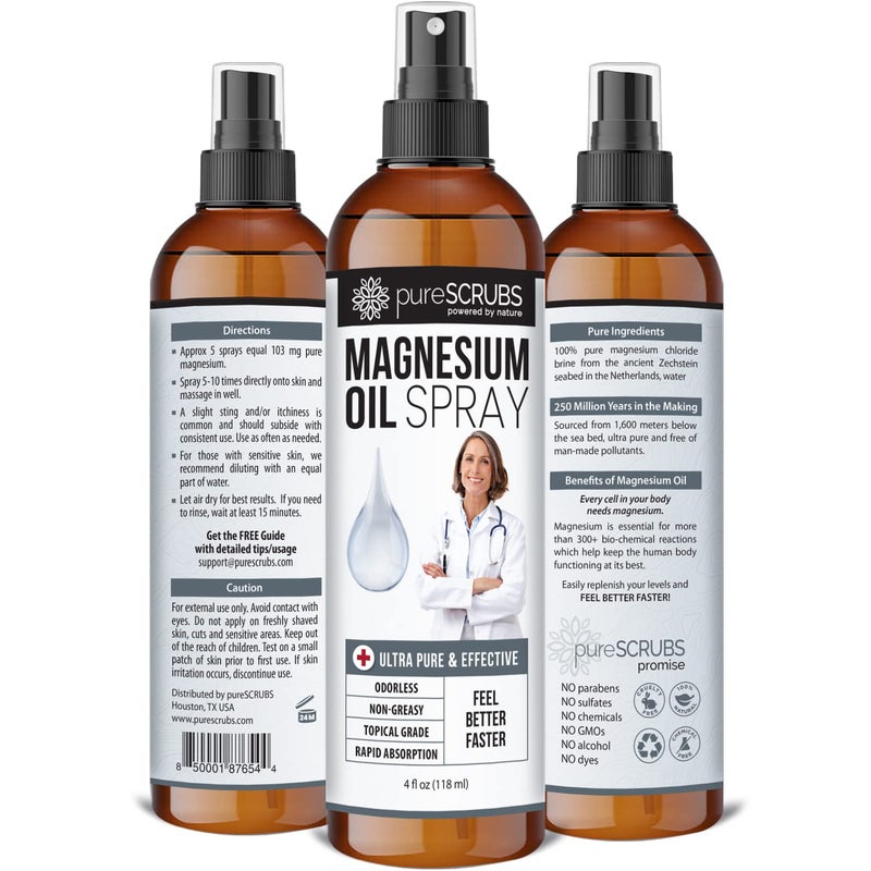 pureSCRUBS Fast Acting Pure Topical Magnesium Oil Spray for Feet, Skin, Body, Ultra Fast Absorption for Better Health, Pure Zechstein Brine - (4 fl oz - 1pk) - Image 2