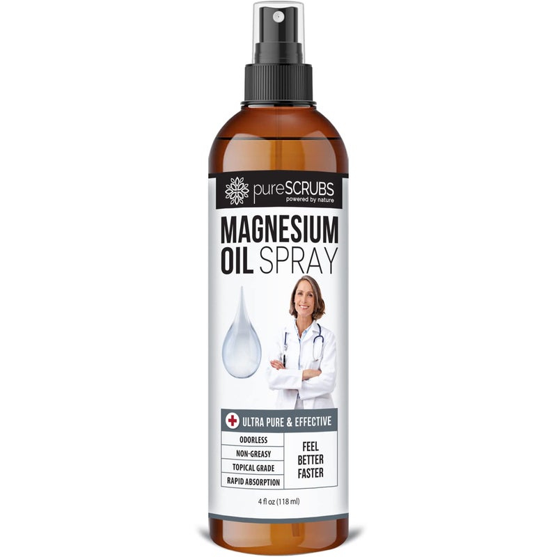 pureSCRUBS Fast Acting Pure Topical Magnesium Oil Spray for Feet, Skin, Body, Ultra Fast Absorption for Better Health, Pure Zechstein Brine - (4 fl oz - 1pk) - Image 1