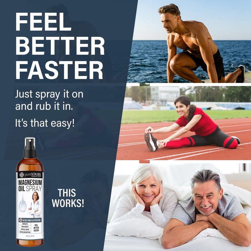 pureSCRUBS Fast Acting Pure Topical Magnesium Oil Spray for Feet, Skin, Body, Ultra Fast Absorption for Better Health, Pure Zechstein Brine - (4 fl oz - 1pk) - Image 3