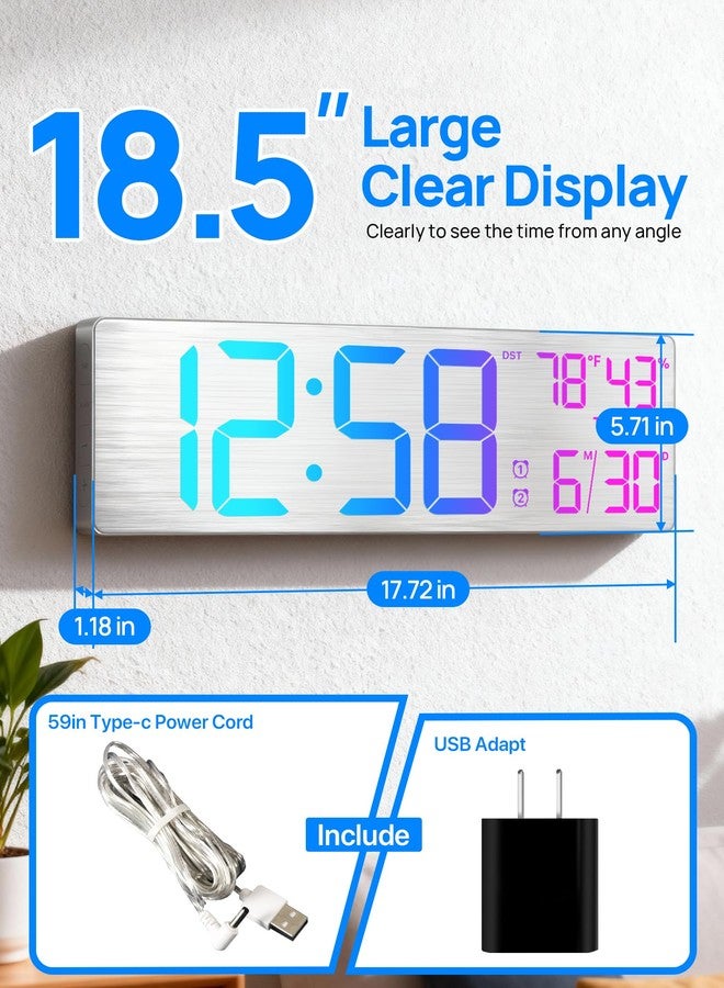 MASHI 18.5" Large Digital Wall Clock with Remote Control, Dual Alarm with Big LED Screen Dispaly,10 Adjustable Brightness, DST, Date Week,Temp for Living Room, Bedroom, Gift for Elderly (Silver) - Image 2