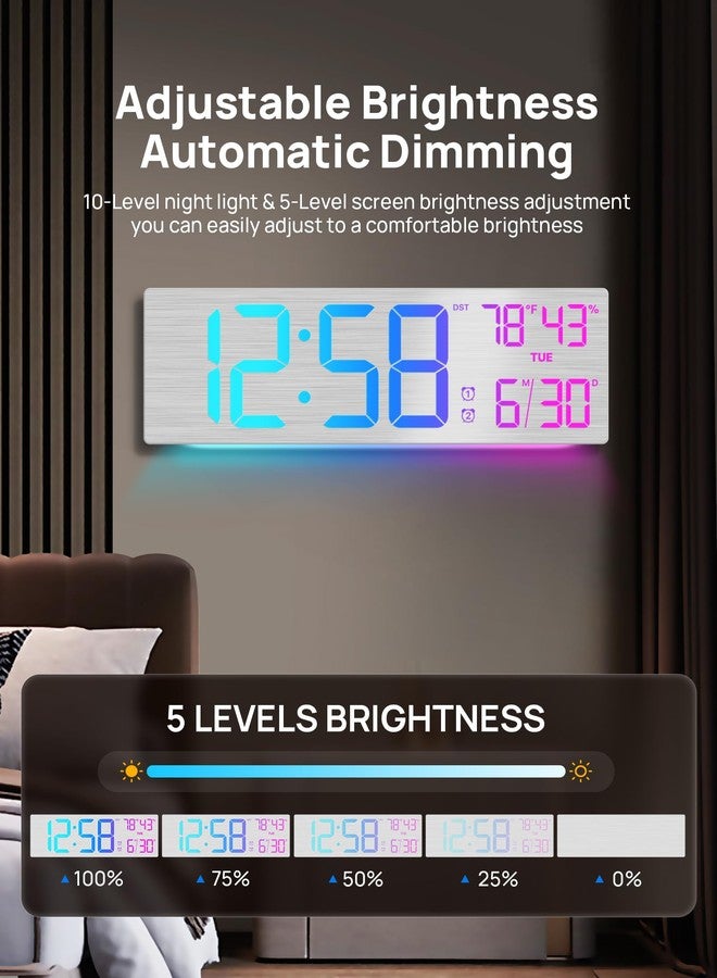 MASHI 18.5" Large Digital Wall Clock with Remote Control, Dual Alarm with Big LED Screen Dispaly,10 Adjustable Brightness, DST, Date Week,Temp for Living Room, Bedroom, Gift for Elderly (Silver) - Image 5
