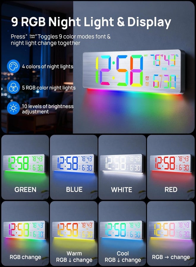 MASHI 18.5" Large Digital Wall Clock with Remote Control, Dual Alarm with Big LED Screen Dispaly,10 Adjustable Brightness, DST, Date Week,Temp for Living Room, Bedroom, Gift for Elderly (Silver) - Image 3