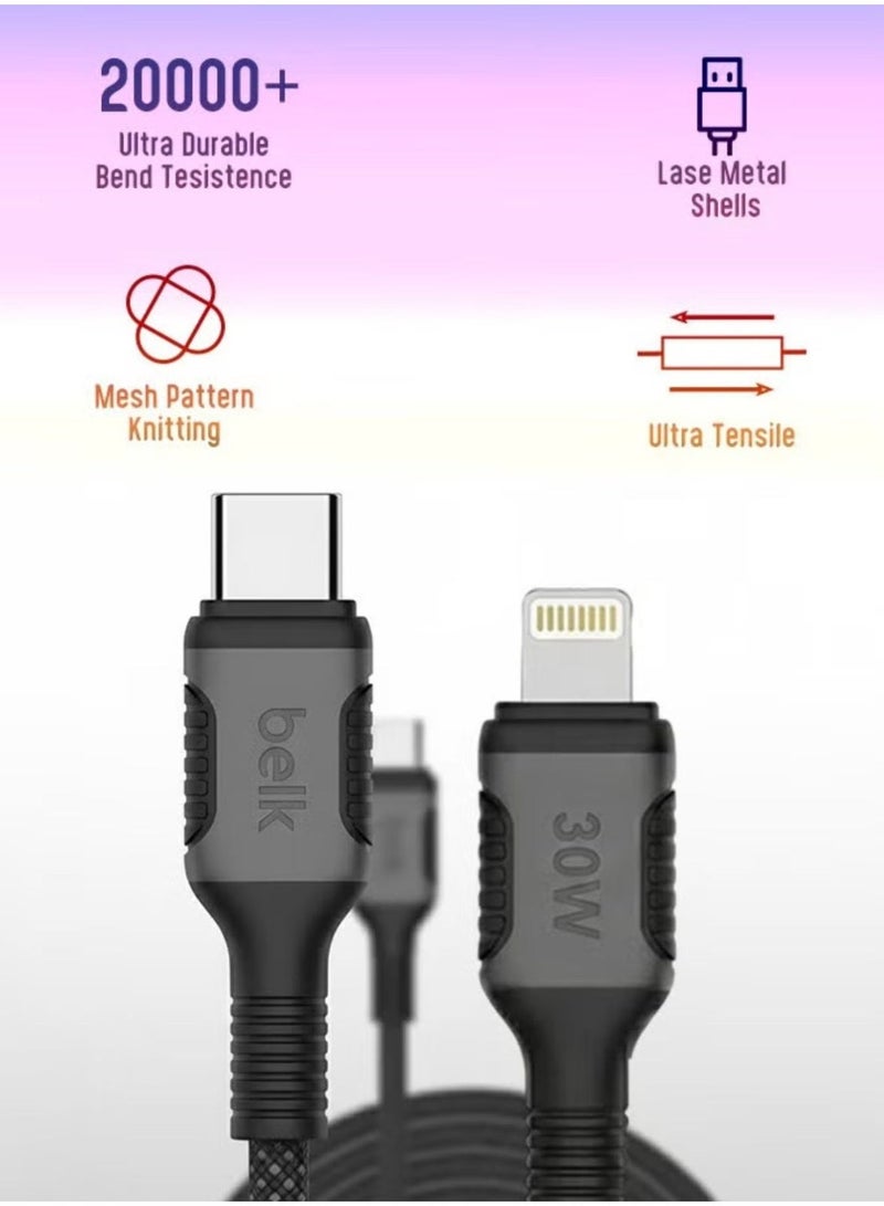بيلك كابل شحن USB-C إلى Lightning بقوة 30 وات بطول 2 متر أسود - Image 2
