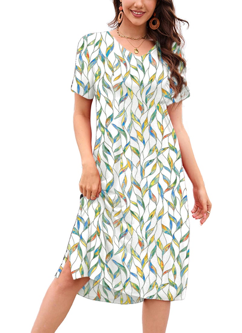 VOBCTY Women's Casual Short Sleeve Tshirt Dress Summer Side Split Loose V Neck Dresses(70B,X-Large) - Image 1