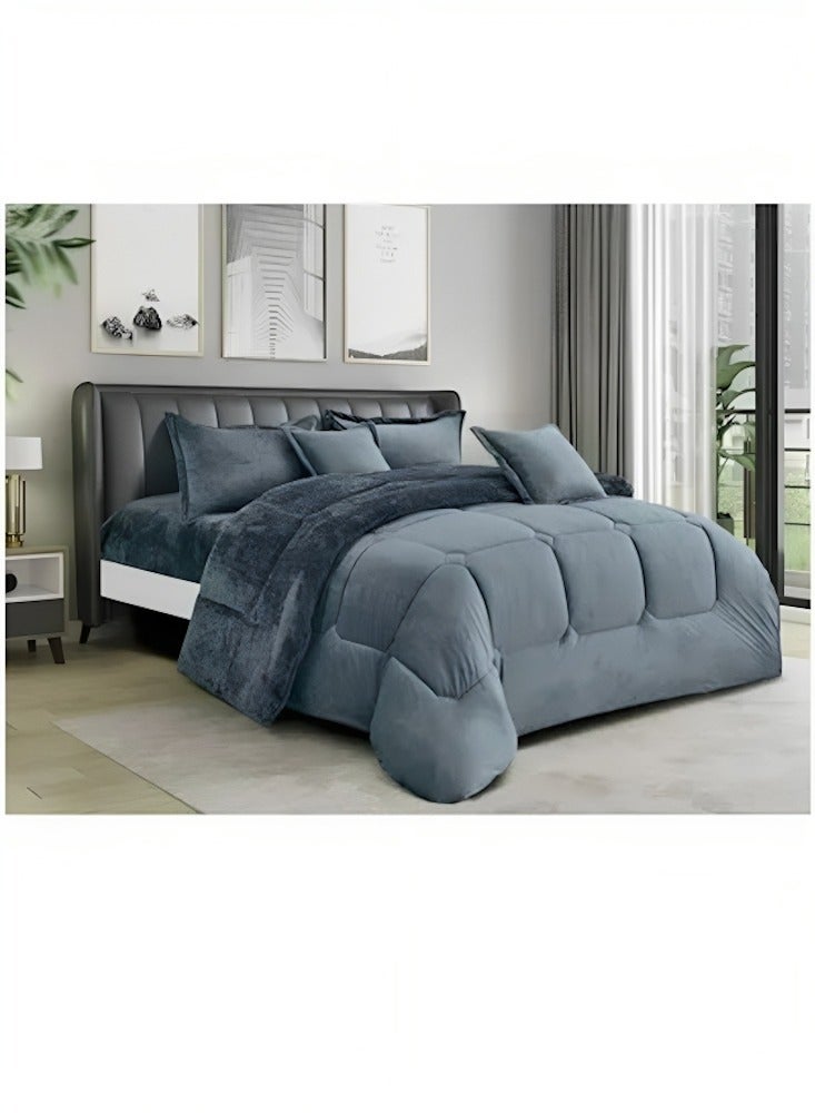 مينج لي مفرش ملكي 6 قطع نفرين شتوي وجهين وجه مخمل وجه فرو مقاس كينج 220x240 سم رمادي - Image 1