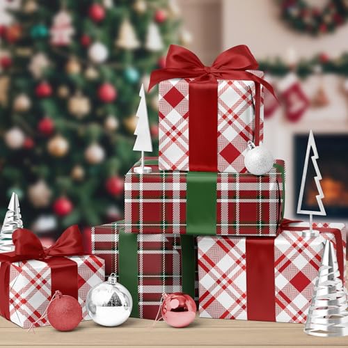 LaRibbons Reversible Christmas Wrapping Paper Roll, Classic Red & White Tartan Plaid Gift Wrap for Christmas, Holiday, Winter Party, 17 Inch x 33 Feet - Image 3