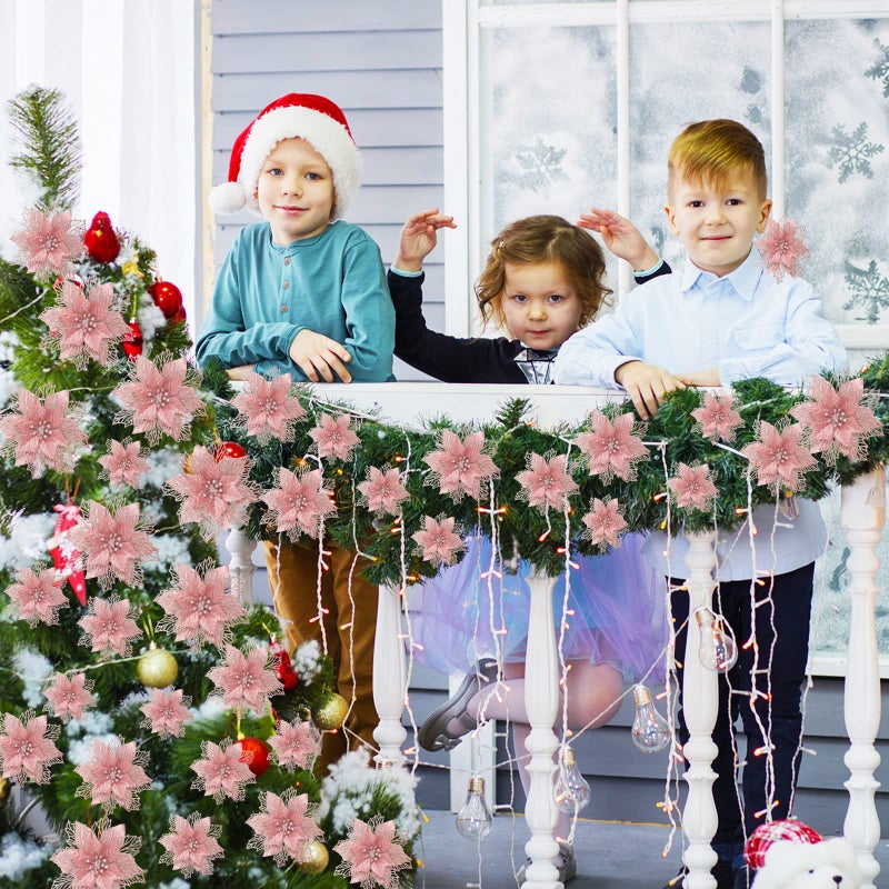 Geosar 24 Pieces Christmas Glitter Poinsettia Flowers Layered Artificial Xmas Flowers Wedding Christmas Tree New Year Ornaments (Rose Gold) - Image 4