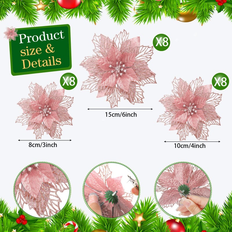 Geosar 24 Pieces Christmas Glitter Poinsettia Flowers Layered Artificial Xmas Flowers Wedding Christmas Tree New Year Ornaments (Rose Gold) - Image 2