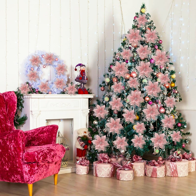 Geosar 24 Pieces Christmas Glitter Poinsettia Flowers Layered Artificial Xmas Flowers Wedding Christmas Tree New Year Ornaments (Rose Gold) - Image 3