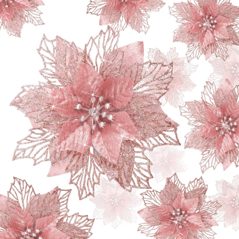 Geosar 24 Pieces Christmas Glitter Poinsettia Flowers Layered Artificial Xmas Flowers Wedding Christmas Tree New Year Ornaments (Rose Gold) - Image 1